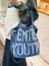 Letter Patch Decor Raw Trim Denim Satchel Bag