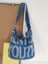 Letter Patch Decor Raw Trim Denim Satchel Bag