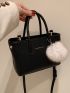 Litchi Embossed Pom Pom Decor Square Bag