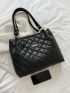 Quilted Letter Patched Detail Shoulder Tote Bag