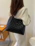 Quilted Letter Patched Detail Shoulder Tote Bag