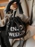 Letter Embroidered Drawstring Design Bucket Bag