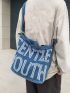 Letter Patch Decor Raw Trim Denim Satchel Bag