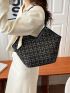 Plaid Pattern Twilly Scarf Decor Tweed Shoulder Tote Bag