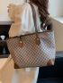 Geometric Pattern Studded Decor Contrast Binding Shoulder Tote Bag, Large Capacity Tote Bag For Work And Travel