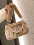 Faux Pearl Beaded Fuzzy Ruched Bag