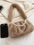 Faux Pearl Beaded Fuzzy Ruched Bag