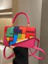 Neon Pink Geometric Pattern Colorblock Flap Square Bag