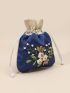 Colorblock Flower Embroidery Drawstring Design Coin Purse, Mothers Day Gift For Mom