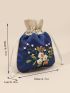 Colorblock Flower Embroidery Drawstring Design Coin Purse, Mothers Day Gift For Mom