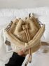 Letter Embroidered Drawstring Fuzzy Bucket Bag