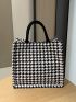 Houndstooth Pattern Tweed Top Handle Bag