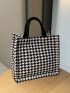 Houndstooth Pattern Tweed Top Handle Bag