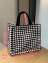 Houndstooth Pattern Tweed Top Handle Bag