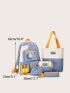 5pcs Colorblock Letter Patch Decor Functional Backpack Set