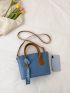 Letter Embossed Double Handle Square Bag With Bag Charm