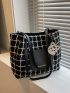 Plaid & Letter Graphic Tweed Shoulder Tote Bag With Cartoon Bag Charm