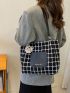 Plaid & Letter Graphic Tweed Shoulder Tote Bag With Cartoon Bag Charm