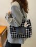 Plaid & Letter Graphic Tweed Shoulder Tote Bag With Cartoon Bag Charm