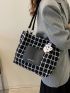 Plaid & Letter Graphic Tweed Shoulder Tote Bag With Cartoon Bag Charm