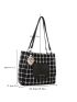 Plaid & Letter Graphic Tweed Shoulder Tote Bag With Cartoon Bag Charm