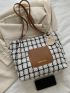 Colorblock Plaid Letter Print Square Bag With Cartoon Bag Charm