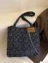 Chain & Letter Patch Decor Frayed Shoulder Tote Bag