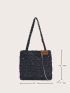 Chain & Letter Patch Decor Frayed Shoulder Tote Bag