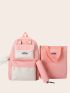 4pcs Colorblock Letter Patch Backpack Set