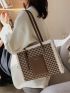 Houndstooth Pattern Fuzzy Trim Letter Detail Tweed Shoulder Tote Bag