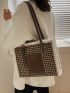 Houndstooth Pattern Fuzzy Trim Letter Detail Tweed Shoulder Tote Bag