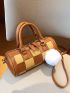 Colorblock Boston Bag With Pom Pom Charm