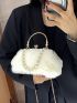 Faux Pearl Beaded Kiss Lock Chain Fuzzy Satchel Bag