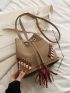 Mini Stitch Detail Tassel Decor Drawstring Design Faux Suede Bucket Bag