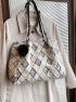 Geometric Pattern Fuzzy Shoulder Tote Bag With Pompom Bag Charm