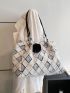 Geometric Pattern Fuzzy Shoulder Tote Bag With Pompom Bag Charm