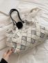 Geometric Pattern Fuzzy Shoulder Tote Bag With Pompom Bag Charm