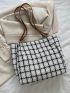 Colorblock Plaid Letter Print Square Bag With Cartoon Bag Charm