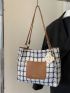 Colorblock Plaid Letter Print Square Bag With Cartoon Bag Charm