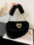 Heart Decor Flap Chain Fuzzy Saddle Bag