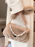 Heart & Faux Pearl Decor Flap Fuzzy Shoulder Bag