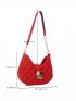 Neon Red Quilted Faux Pearl Decor Hobo Bag