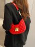 Neon Red Quilted Faux Pearl Decor Hobo Bag