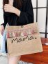 Letter Graphic Tassel Decor Linen Shopper Bag, Mothers Day Gift For Mom