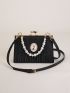 Faux Pearl & Figure Decor Kiss Lock Square Bag