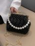 Mini Faux Pearl Beaded Kiss Lock Chain Ruched Bag