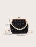 Mini Faux Pearl Beaded Kiss Lock Chain Ruched Bag