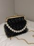 Mini Faux Pearl Beaded Kiss Lock Chain Ruched Bag