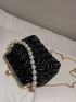 Mini Faux Pearl Beaded Kiss Lock Chain Ruched Bag