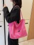 Neon Pink Letter Patch Decor Shopper Bag, Large Capacity Tote Bag For Work And Travel